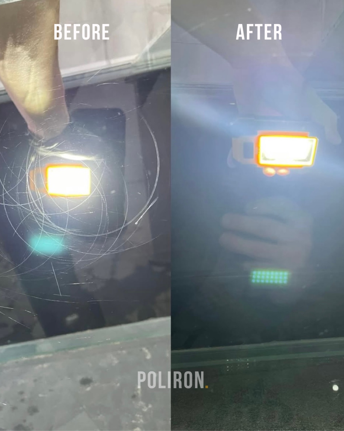 Hazy scuffed glass before and after restoration