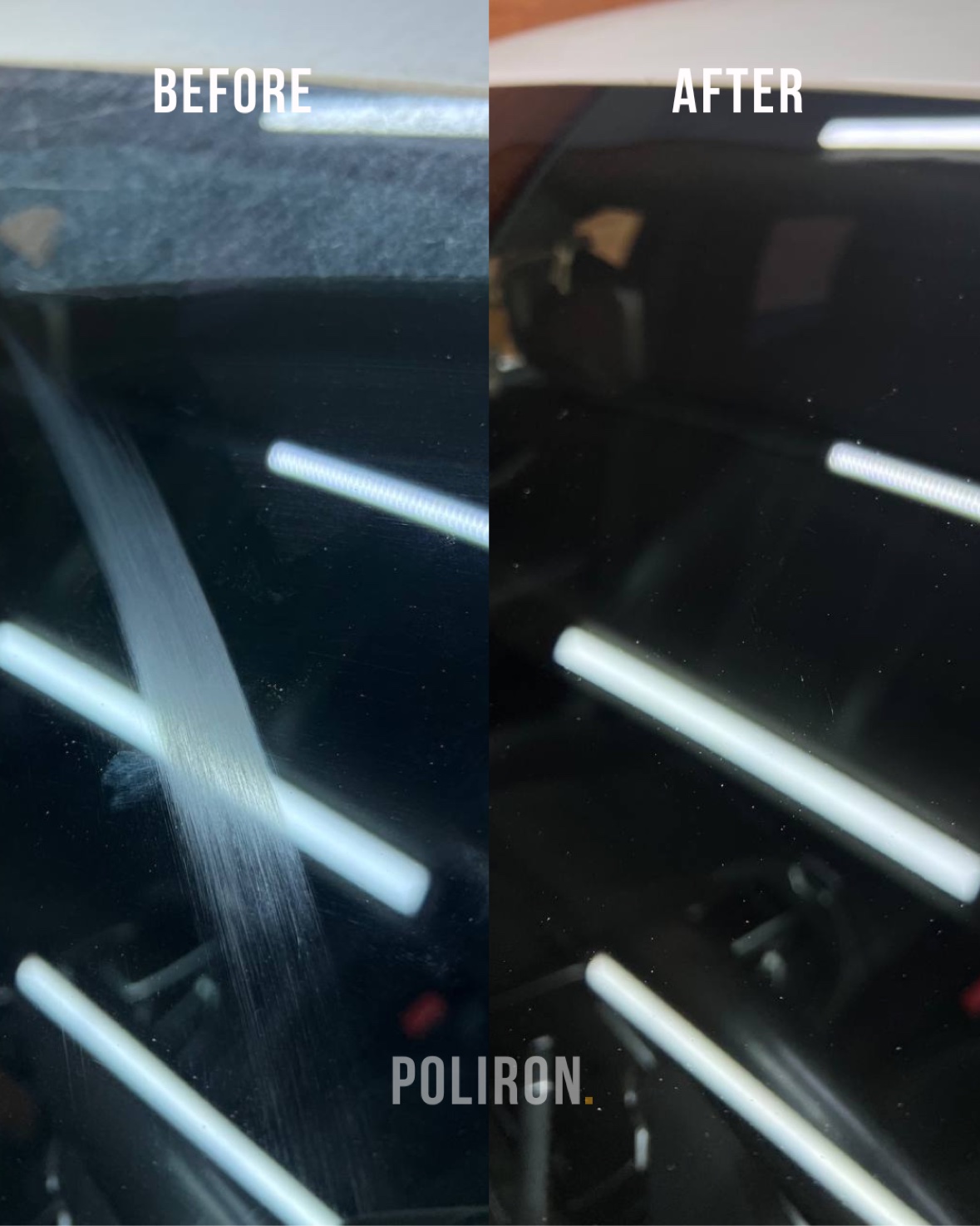 Deep glass scratch before and after restoration